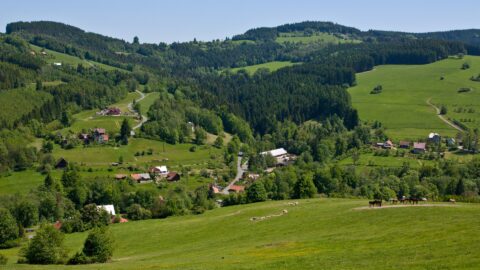 Pohled na část obce Malá Bystřice a kopec Santov