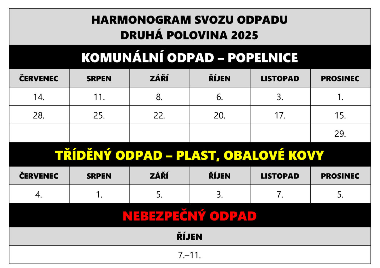 Harmonogram svozu odpadu ve druhé polovině roku 2025