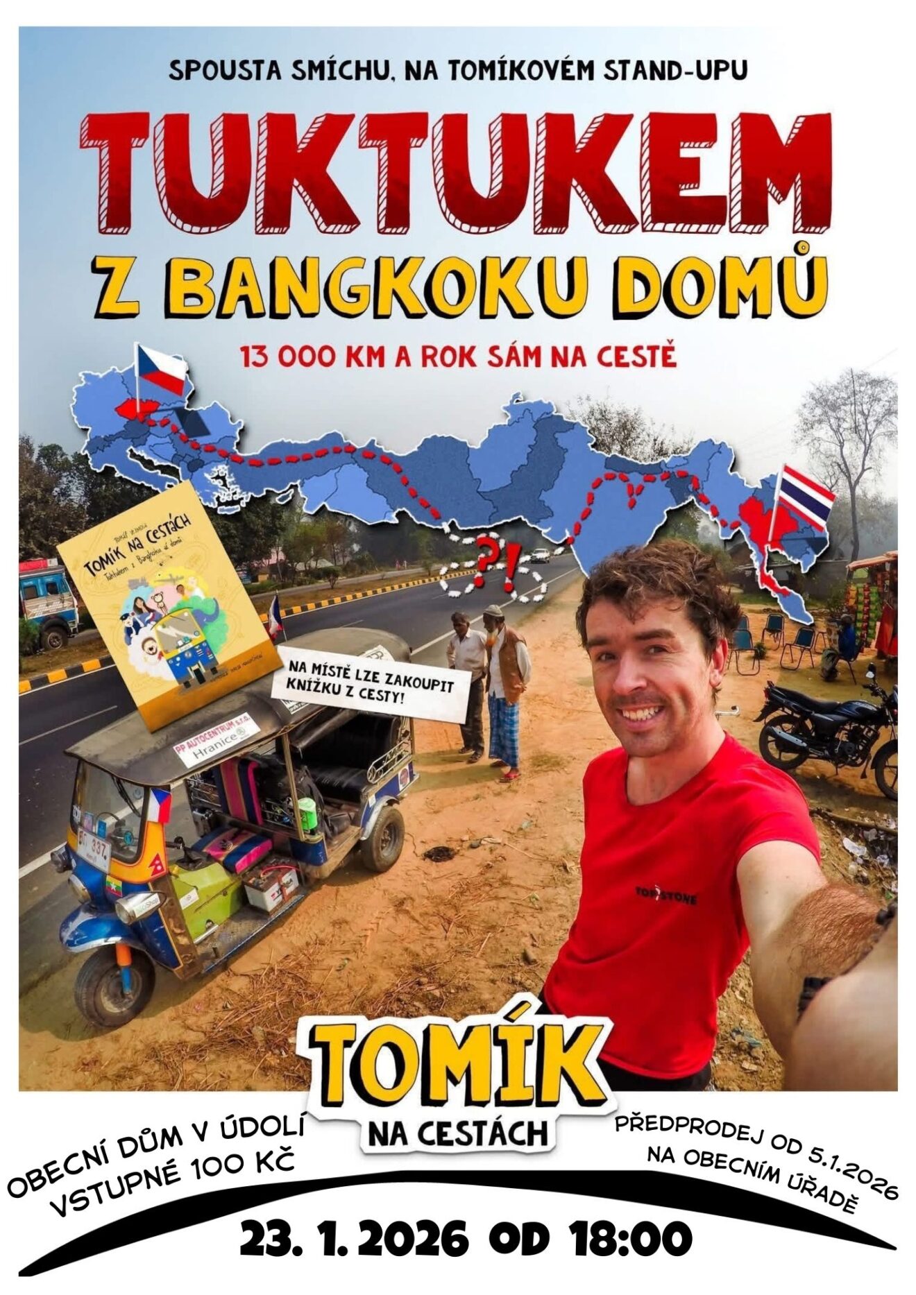 V pátek 23. ledna 2026 se od 
18 hodin v Obecním domě V Údolí vydáme na cestu plnou dobrodružství, smíchu a inspirace s Tomášem Vejmolou, známým jako Tomík na cestách!